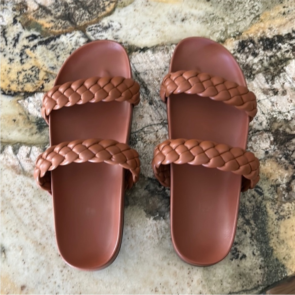 Braided double strap tan Jesus sandals / slides size 7 1/2